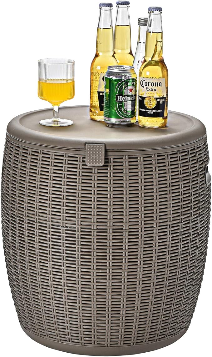 Safstar Outdoor Cooler Table, 9.5 Gallon Ice Cool Table w/Top Lid, Side Handle, Drainage Plug, Weather-Resistant Wicker Ra...