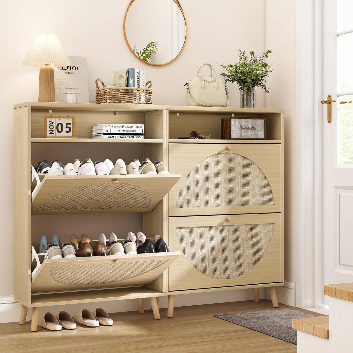 Curlaky Rattan Shoe Cabinet Storage with 2 Flip Drawers, Narrow Freestanding Shoe Storage Cabinet for Entryway, Wood Hidden Shoes Organizer Rack with Adjustable Shelves for Entry Way, Natural