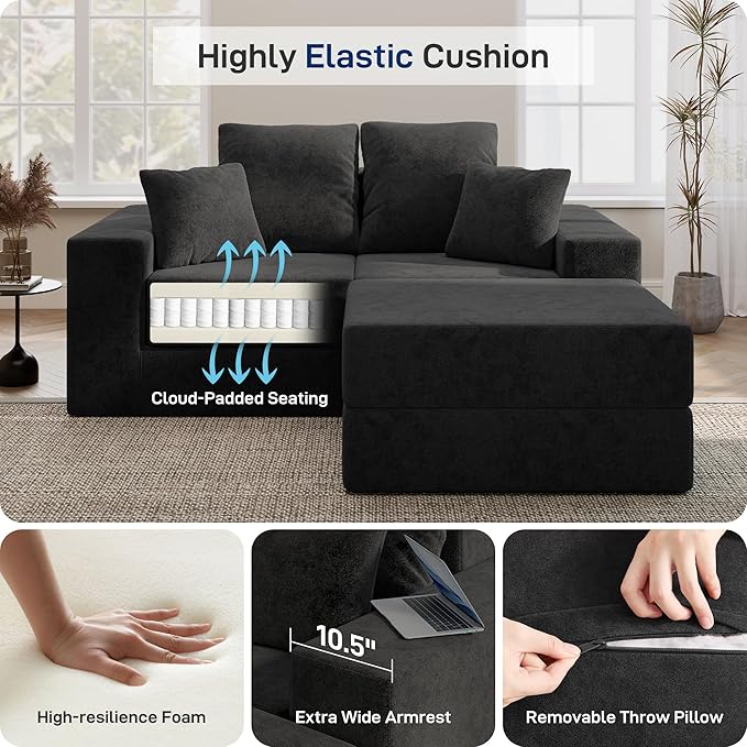 Cloud Modular Sectional Sofa, Comfy Boneless Couch for Living Room, Modern L-Shaped Couch with Reversible Chaise, Customizable Sleeper Sofa with Non Slip, No Assembly & Deep Seat, Black