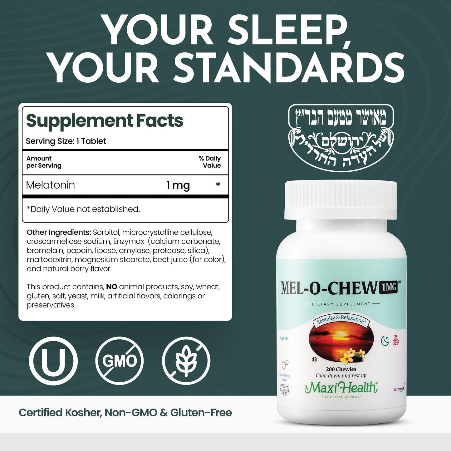 Maxi Health Melatonin 1mg Chewable - Sleep aid Melatonin to Encourage Natural Sleep – Non-Habit Forming Supplement with Enzymax for Fast-Acting Support Kosher (200 Units)