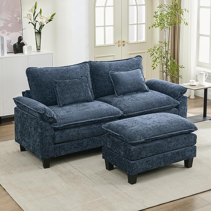 URRED Cloud Couch Modular Sectional Sofa, 87" Modern L Shaped Deep Seat Sofa with Ottoman & Pillows, Ultra Comfy Chenille Couches for Living Room, Bedroom or Apartment, Blue