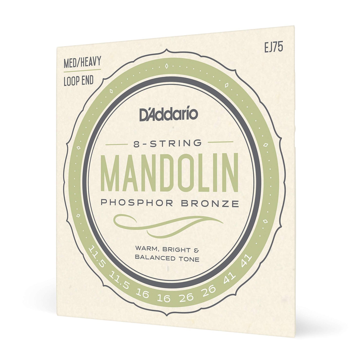 Daddario Mandolin Strings, Phosphor Bronze, Ej75, Medium/Heavy Gauge 11.5-41, 8-String Set, Pack Of 1