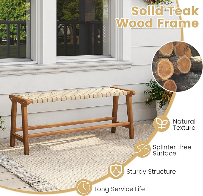 Tangkula Teak Wood Outdoor Bench, Patio Backless Wooden Dining Bench with Weave Seat, Solid Wood Legs, Indoor & Outdoor Wooden Bench for Porch, Backyard, Deck, Entryway (Natural,2)