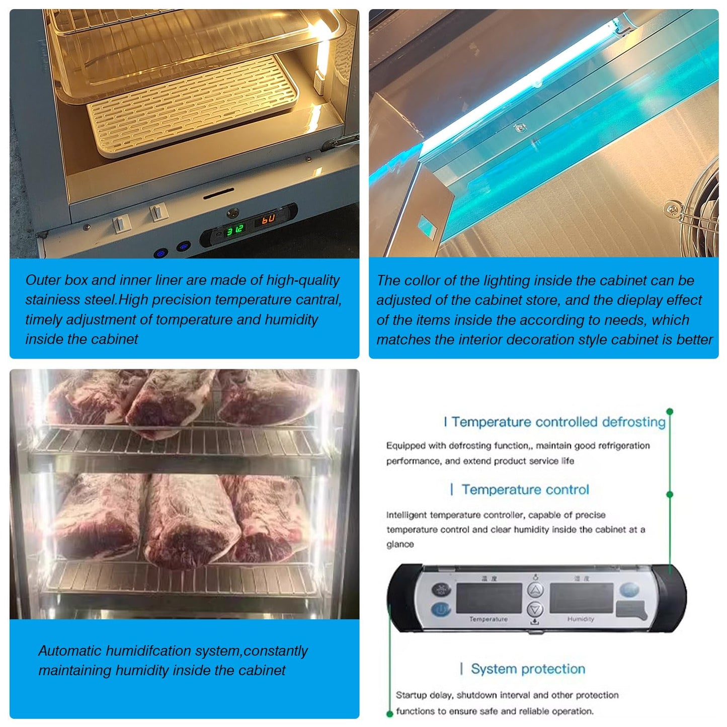 Kolice Commercial Aging Beef Showcase Freezer, Steak Aging Machine, Beef Display Showcase Freezer-268L,4 Tiers,Temperature: -5℃~ to 10℃ (23℉ to 50℉), Smart Temperature and Humidity Controller