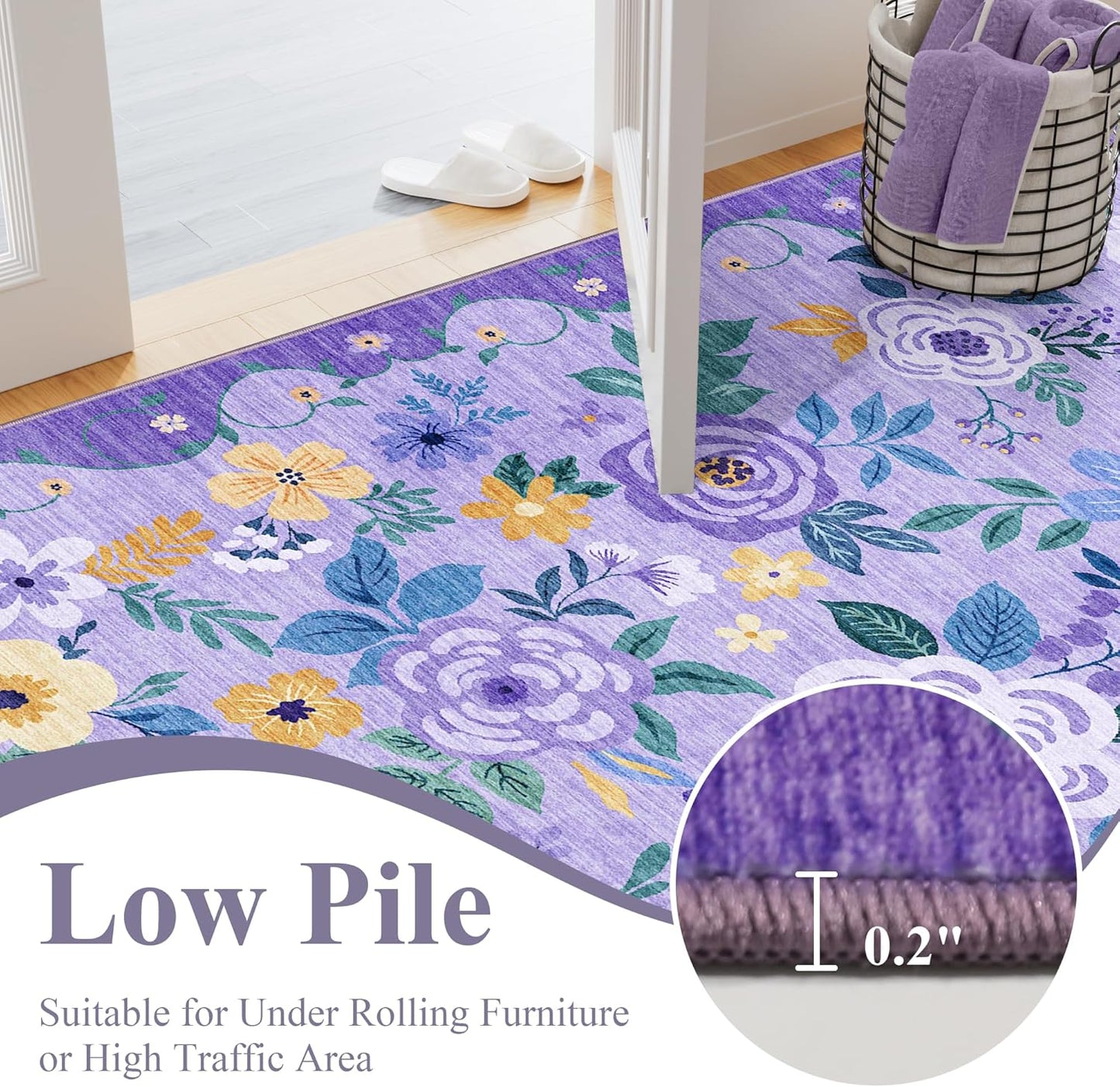 DUKINO 2x3 Rugs for Entryway, Floral Indoor Washable Door Mat, Non Slip Boho Small Rug for Kitchen, Soft Low Pile Front Door Throw Rug for Entrance, Bedroom, Kitchen, Laundry, Bathroom, Purple