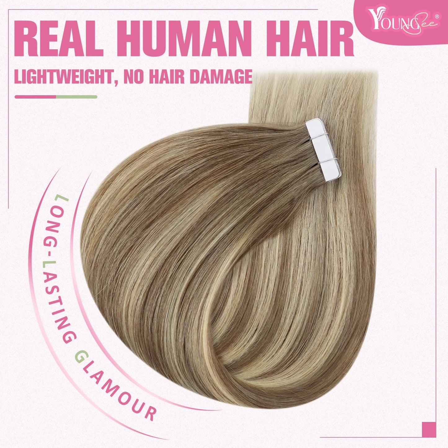 YoungSee Invisible Tape in Hair Extensions Brown Balayage Real Hair Tape in Extensions Human Hair Ombre Light Brown to Blonde Mi