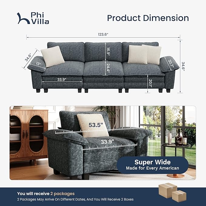 PHI VILLA Modern Modular Couches Sets, 123.6" Cloud Sectional Sofa with Upholstered Deep Seat, 3-Seater Couch for Living Room Small Spaces, Chenille Fabric, Dark Cyan