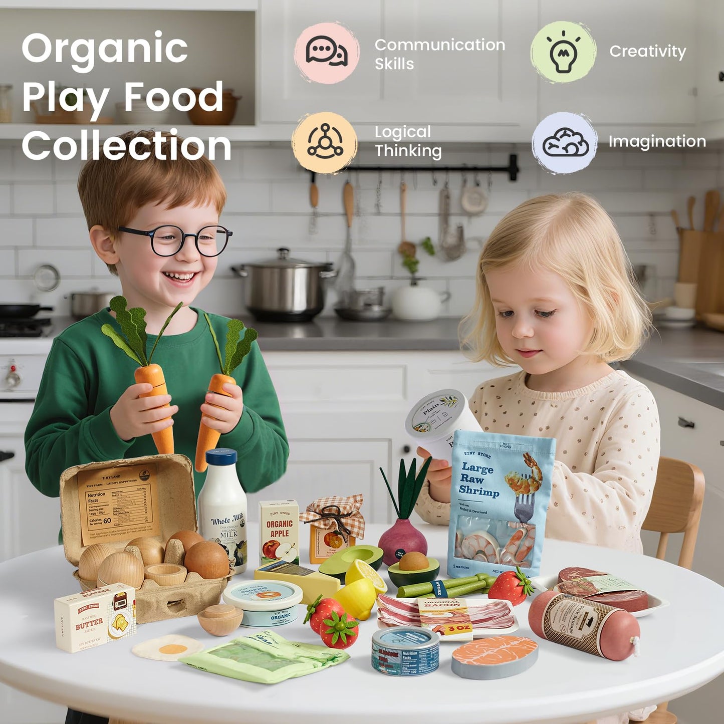 Tiny Land Organic Wooden Vegetable & Fruit Play Set – 7PCS Pretend Food for Kids, Montessori Kitchen Toy for Toddlers, Role Play Grocery Gift