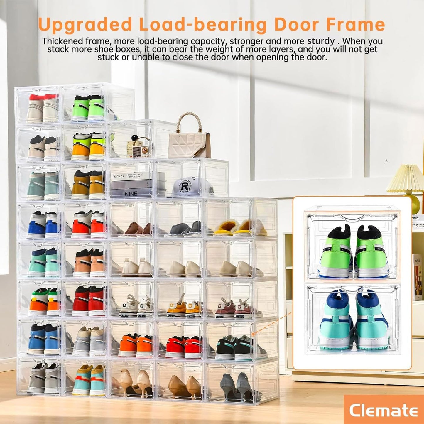 Clemate Upgraded X-Large Shoe Organizer,Shoe Storage Organizer,12 Pack,Shoe Box Clear Plastic Stackable,Drop Front Shoe Box with Clear Door, Shoe Containers For Sneaker Display,Fit up to US Size13