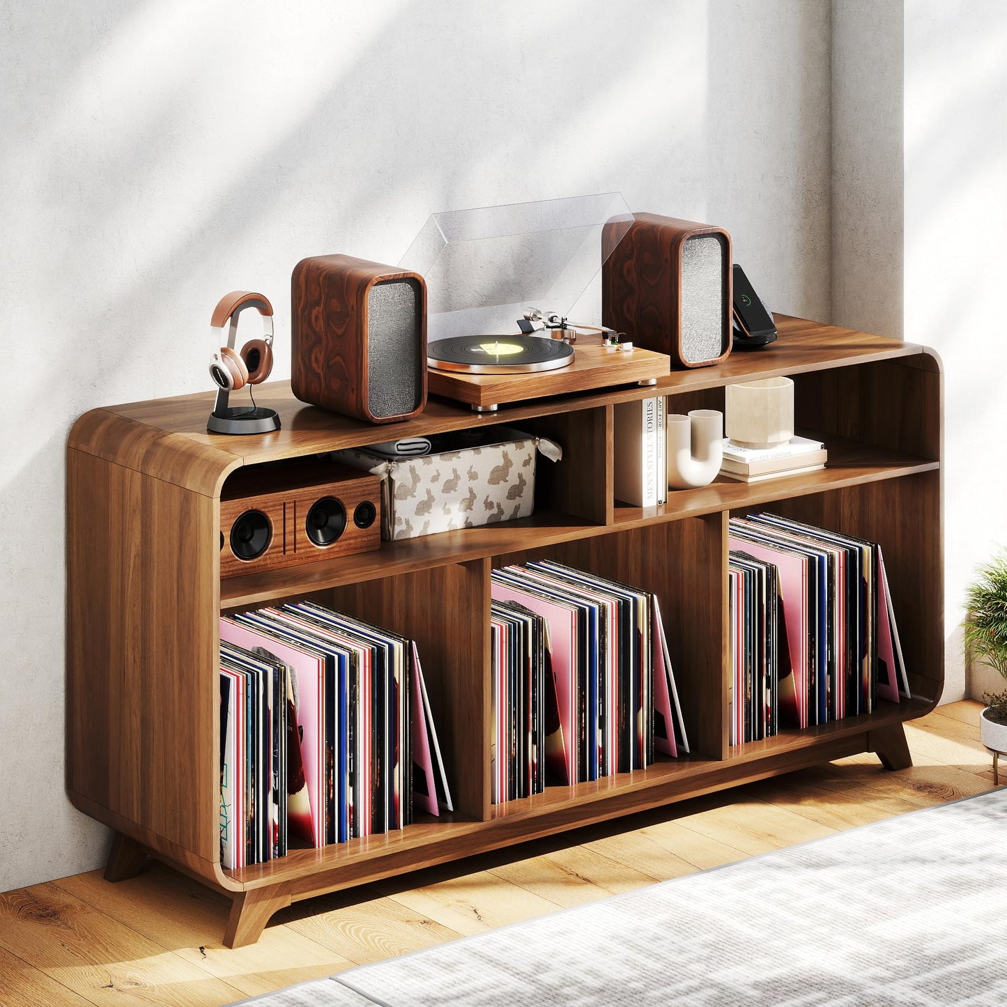 Boweniog Record Player Stand with Vinyl Storage Cabinet with Charging Station & USB Ports, Turntable Stand, Curved Vinyl Record Cabinet with Wood Legs for Bedroom Living Room (Walnut, 55inch)