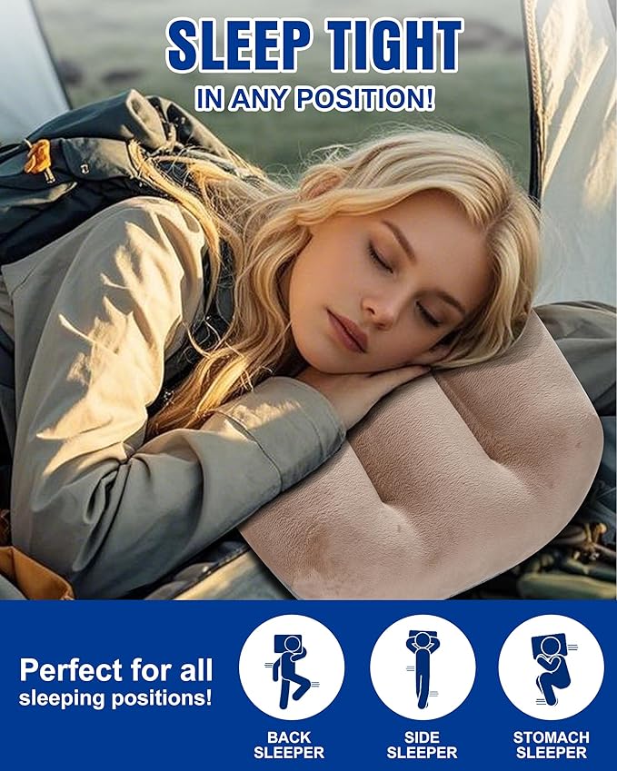 Kampair Ultralight Inflatable Camping Pillow for Sleeping – Soft Velvet Cover, Compact & Portable, Ergonomic Neck Support, Machine Washable Air Pillow, Perfect for Travel, Hiking, Backpacking – Brown