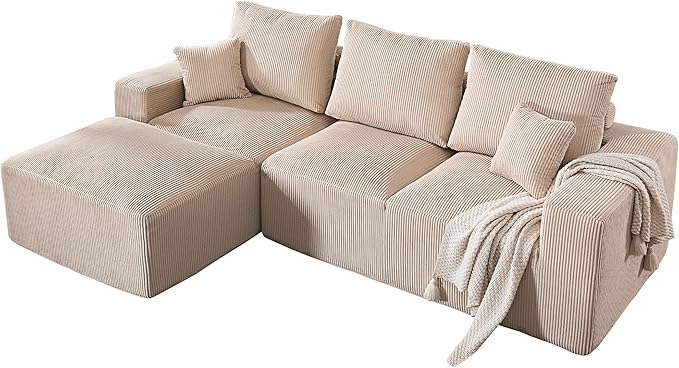 108" Modular Sectional Sofa, Compression Sofa with Deep Seat, Modular L-Shape Couch with Chaise, Upholstered Couches for Living Room Bedroom, No Assembly Required (Oat Corduroy, 108" L Shape)