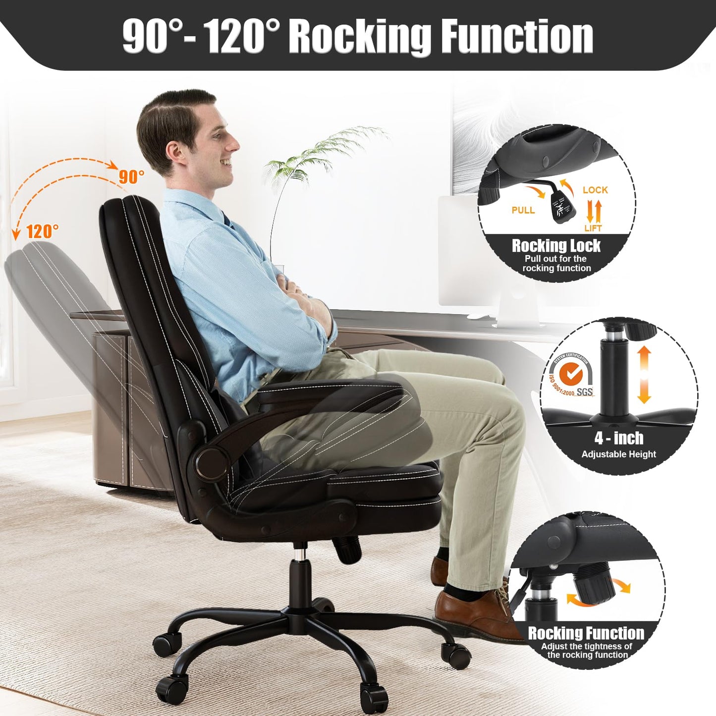 Ergonomic Office Chair with Flip-up Armrests, 300lbs Mid Back Computer Office Desk Chair with Lumbar Support, Executive Leather Chair with Rocking Function Adjustable Height for Home Office