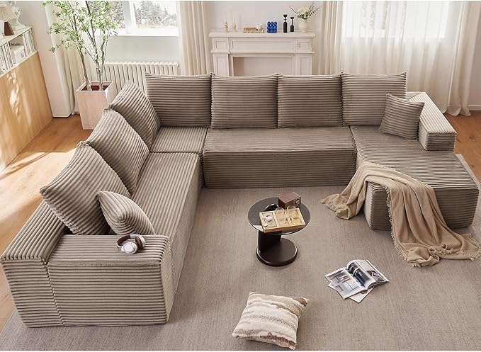 Cloud Sectional Couch with L-Shape Chaise, Modern Modular Comfy Sofa with Deep Seat, Upholstered Corduroy Couches Stupendous U Shaped Sofas for Living Room Bedroom, No Assembly Required, Camel
