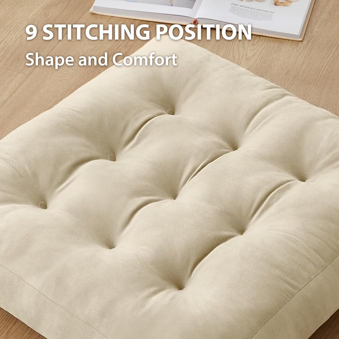 SM-XLHN Meditation Floor Pillow Set of 2, Square Large Pillows Seating for Adults, Meditation Cushion Pillow,Tufted Corduroy Cushion for Tatami Living Room or Yoga, Beige, 22x22 Inch