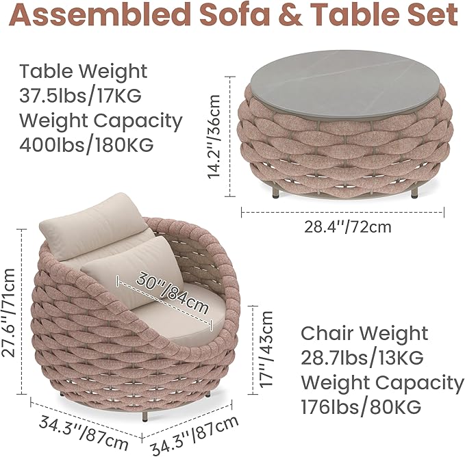 Erotr 3 Pieces Porch Furniture Set: Aluminum Patio Conversation Sofa Set - Assembled Couch Armchair Table Set Cushioned - Hand Woven Rope Chair Set 400 LBS All Weather for Indoor Deck Balcony Hotel