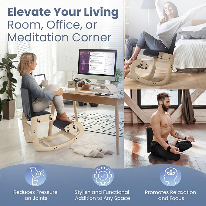 Mind Oasis Ergonomic Kneeling Chair with Back Support - Knee Chair Ergonomic for Office w/Upholstered Fabric - Adjustable Rocking Stationary Correcting Stool, Meditation Desk Stool for Better Posture