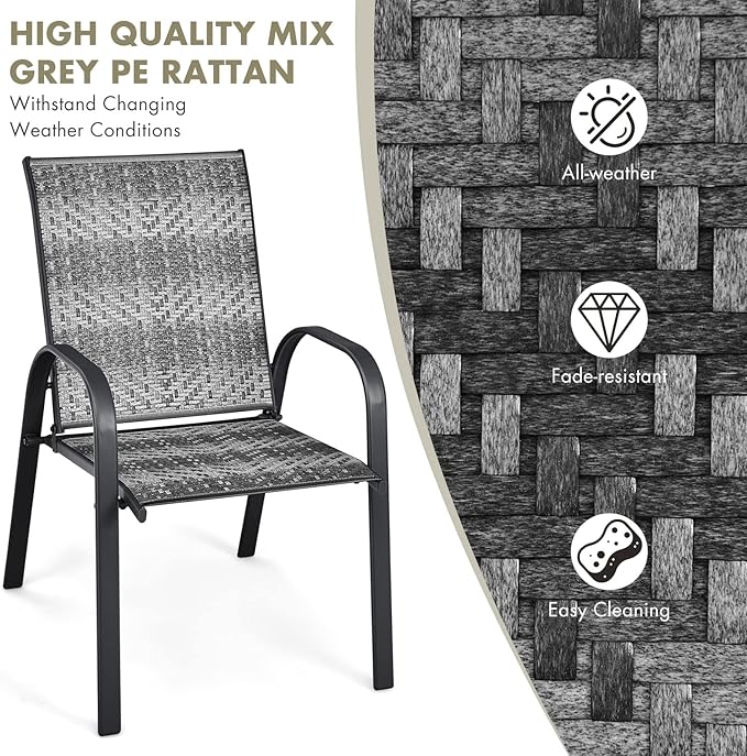 HAPPYGRILL Stackable Dining Chairs Set of 6, Outdoor PE Wicker Patio Arm Chairs with Rustproof Steel Frame, Stackable Bistro Deck Chairs for Backyard Garden and Poolside