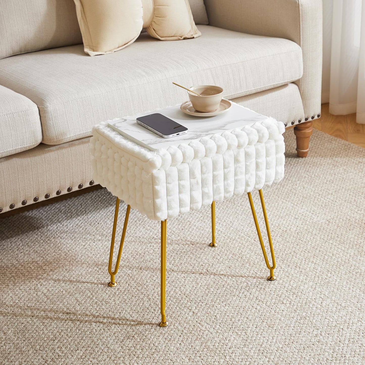 IBUYKE Rectangle Vanity Chair with Storage Space, Footrest Footstool Ottoman, Vanity Stool, Dressing Table Chair, with Anti-Slip Feet, for Makeup Room, Bedroom, Square Grid Pattern, White WBD004W