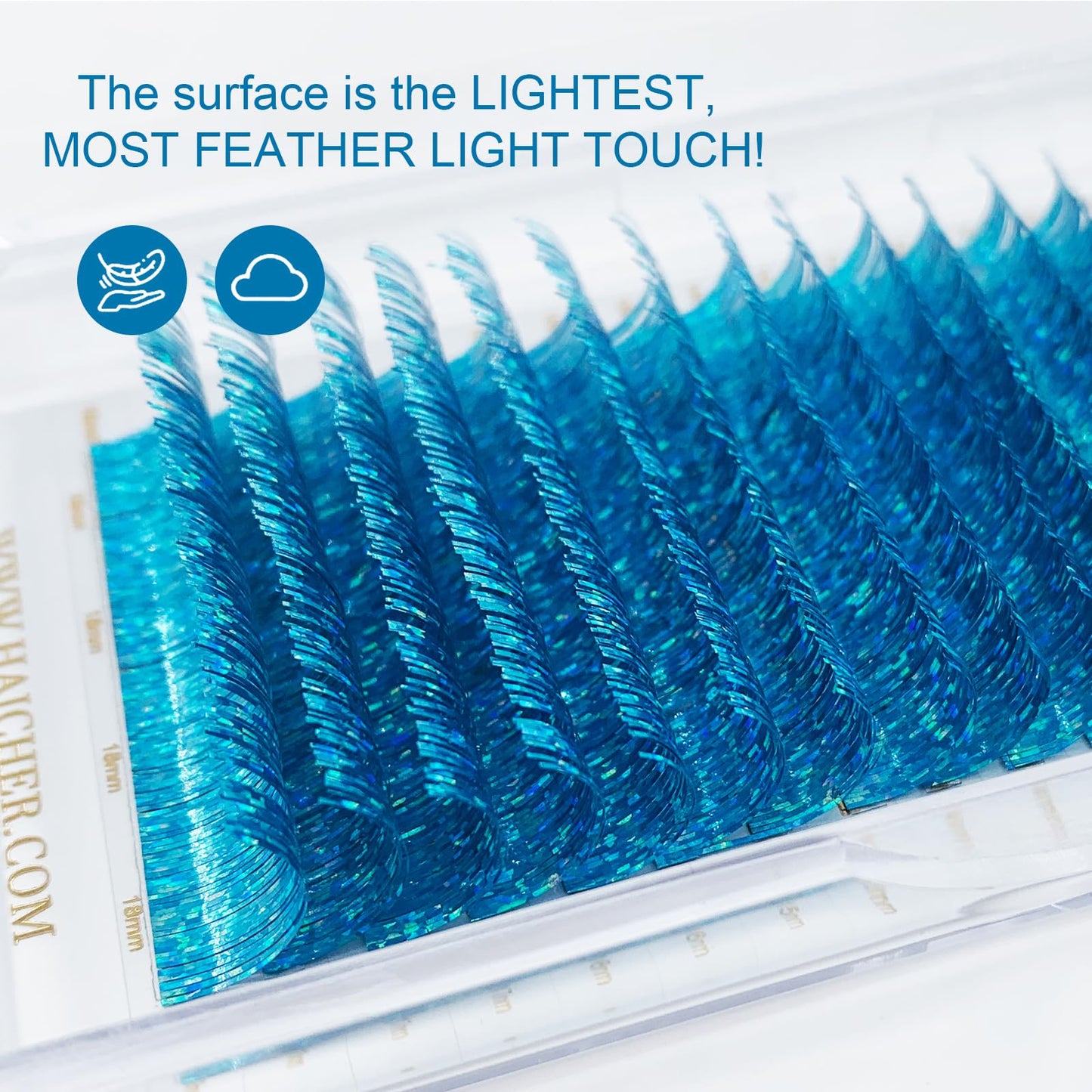 HAICHER Holographic Lash Tinsel, Colored Lash Extensions CC Curl 9-18mm Mixed Lash Trays (Blue, Volume)