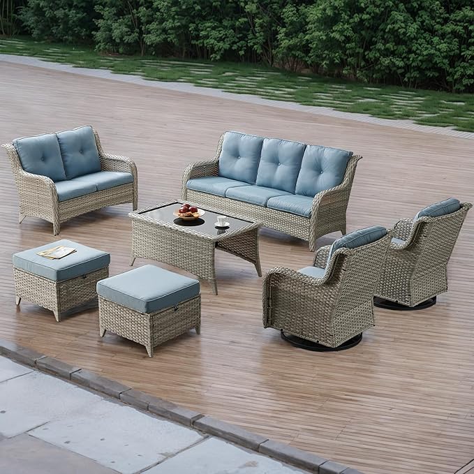 Patio Furniture Swivel Chairs Set - 7 PC Wicker Rattan Outdoor Sectional Conversation Sets with 2 Rocking Chair,2 Ottoman,1 Sofa,1 Loveseat and 1 Coffee Table for Porch Deck(Light Grey/Sky Blue)