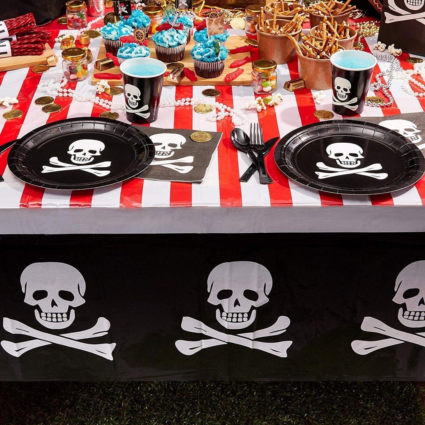 Juvale 144-Piece Skull Birthday Party Set - 24 Disposable Pirate Party Plates, Napkins, Cups & Cutlery for Birthday Decorations and Halloween Decor