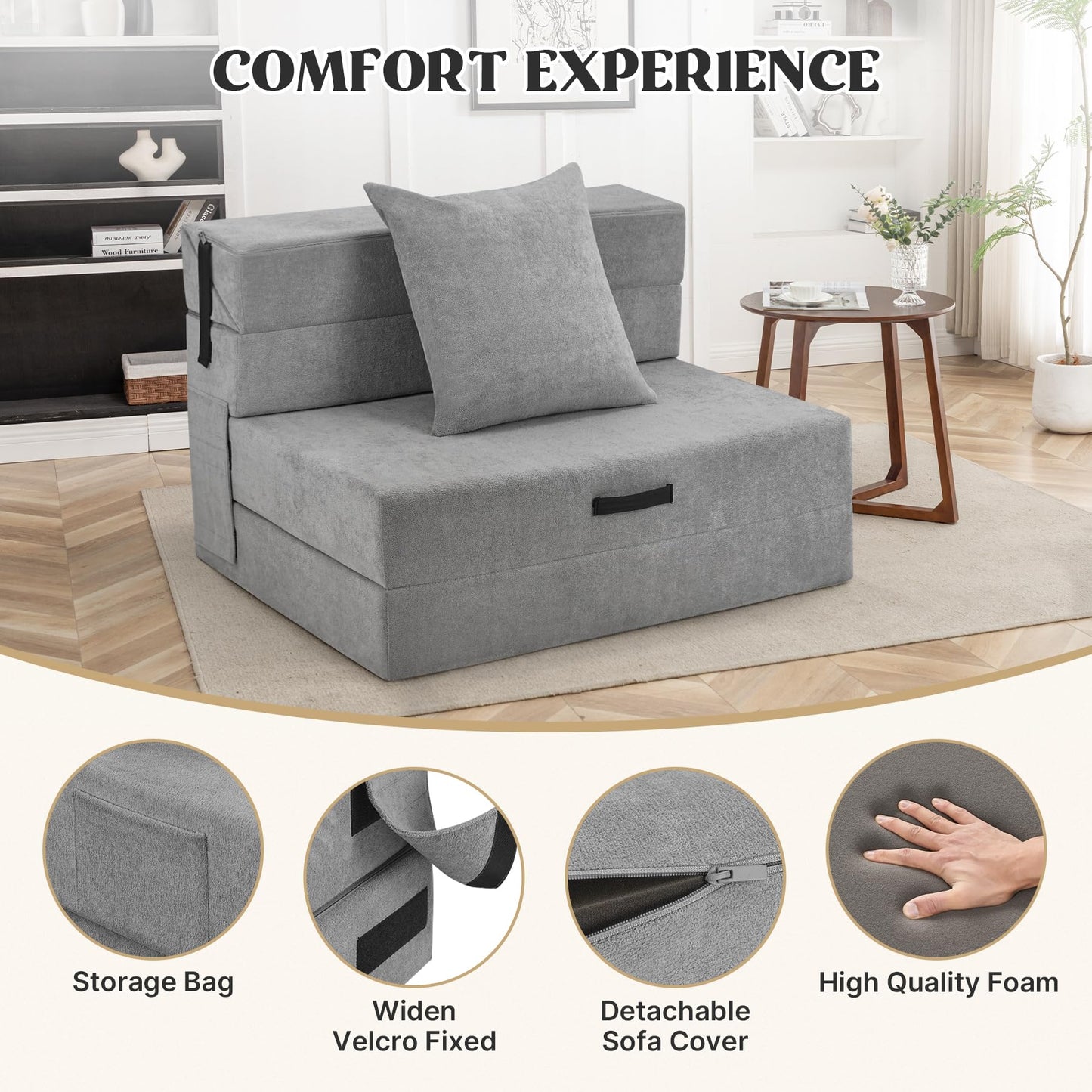 Aivermeil Folding Sofa Bed Couch Futon Sleeper Chair with Pillow, Convertible Futon Couch, Foldable Mattress, Washable Cover, for Living Room/Dorm/Guest Room, Twin Size, Dark Grey