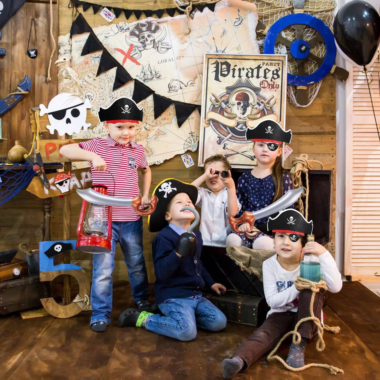 ZeeDix 36 Pcs Pirate Hat Set - Pirate Party Favors 12 Hats 12 Inflatable Sword 12 Eye Patches for Adults, Pirate Theme Party Supplies for Halloween Masquerade