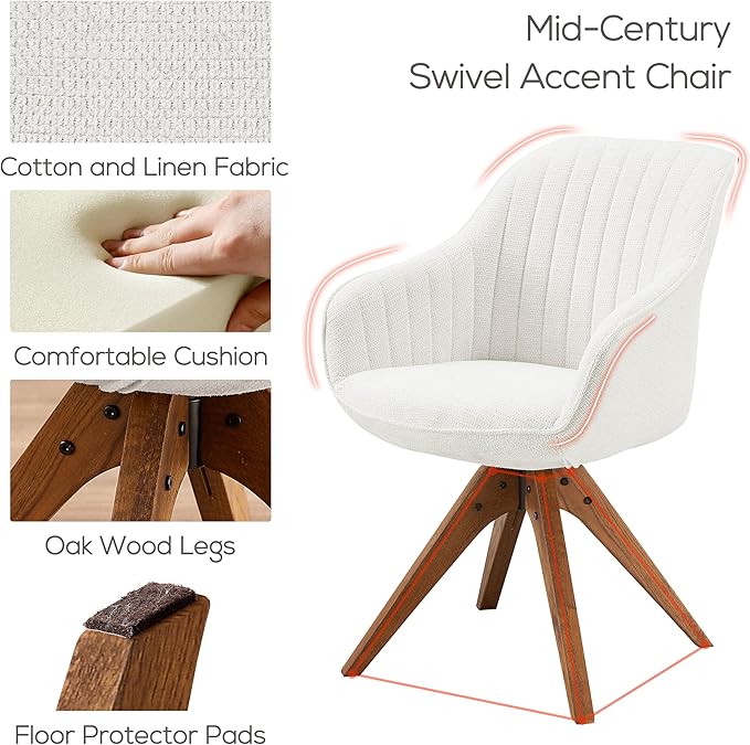 Art Leon Dining Chair, Mid Century Modern Fabric Upholstered Swivel Dining Room Chair with Wood Legs, Leisure Side Chair with Arms for Living Room, Ivory