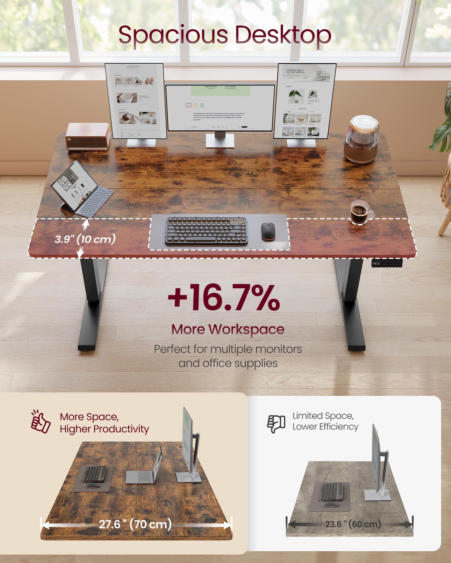 VASAGLE Electric Standing Desk, 55.1 x 27.6 Inches Height Adjustable Desk, Sedentary Reminder, 4 Memory Heights, for Home Office, Rustic Brown ULSD315KD020S