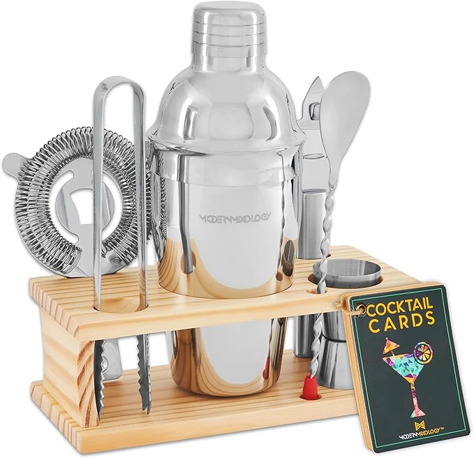 Modern Mixology Cocktail Shaker Set - 8 Piece Bartender Kit on Quality Pine Stand | Complete Cocktail Kit Gift Set | Top B...