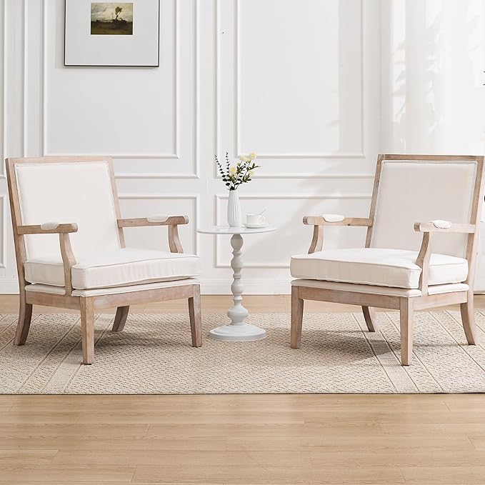 DM Furniture Accent Chair Set of 2 Mid-Century Modern Living Room Chair Linen Fabric Upholstered Lounge Armchair with Solid Wood Frame & Removable Cushion for Living Room, Bedroom, Balcony, Beige