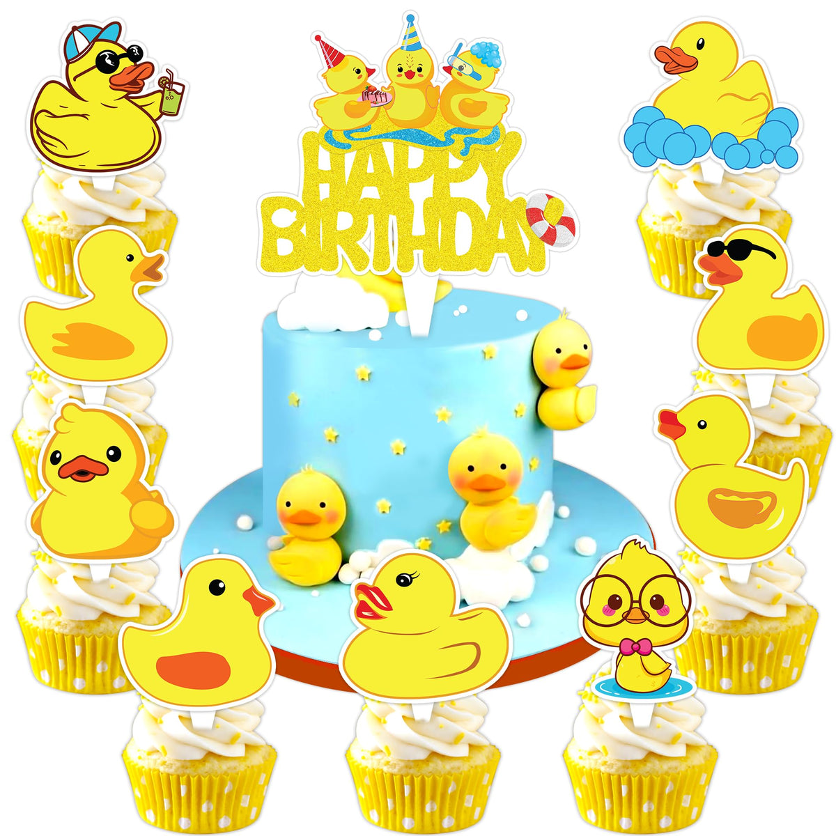 Duck Cake Topper Picks, 25 PCS Rubber Yellow Duck Cupcake Toppers Cake Decorations Ducky Farm Animal Theme Birthday Party Supplies Favors Decor Centerpiece Table for Boys Girls Carnival School Rewards