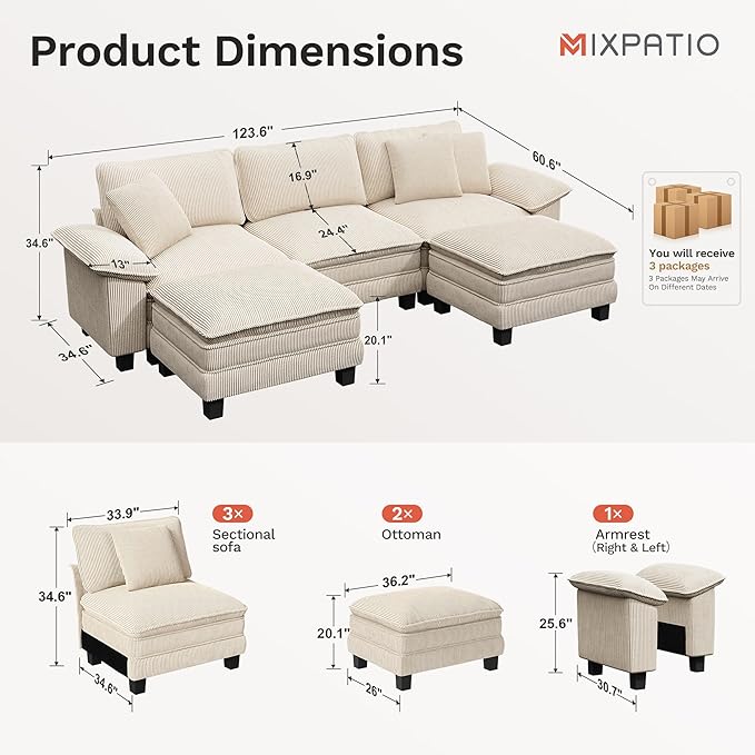MIXPATIO 123-Inch U Shaped Sectional Sofa with Cloud Cushions, Deep Seat Modular Couch Set w/ 5 Seats & 2 Ottomans, Removable Arms, Plush Corduroy Upholstery for Living Room, Apartment - Beige