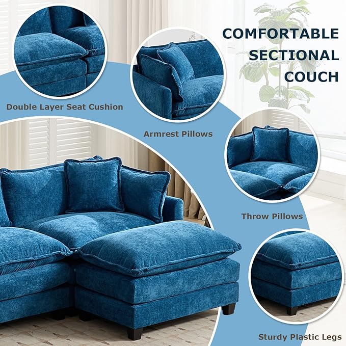 SoarFlash 149.61" Chenille Sectional Sofa, Comfy U Shaped Modular Coush Sofa with Ottoman, Modern 4 Seat Couch Deep Seat Sofa Set for Living Room,Blue