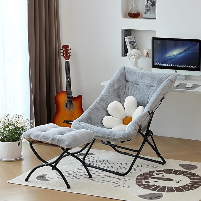 Givjoy Comfy Folded Chair, Soft Faux Fur Oversized Folding Accent Chair, Flexible Lounge Lazy Chair for Adults Kids, Metal Frame Moon Chair for Dorm Room, Bedroom, Living Room