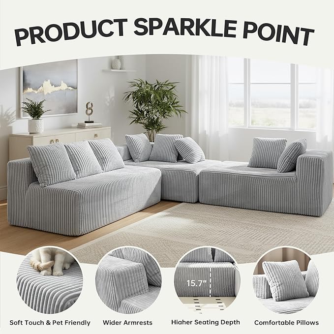 SEENYOO 130" Boneless Couch, Cloud Couch Sectional, Corduroy Sofa for Living Room, U Shaped Modular Sofa with Chaise, No Assembly, 4 Seats Oversized (Grey)