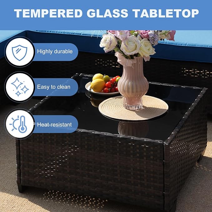SunloungeCo Patio Furniture Set, 6 Pieces Outdoor Couch Sofa with Wider Armrests & Glass Coffee Table, Outdoor Sectional Furniture with Thick Cushions for Party, Poolside,Garden-Peacock