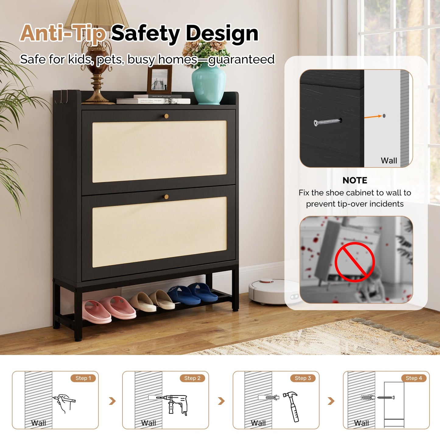 Aivermeil Slim Entryway Shoe Storage Cabinet with 2 Flip Drawers, Modern Freestanding Shoes Organizer Holds 16-20 Pairs, Closed Shoe Storage for Hallway, Foyer - Space-Saving Wood Shoe Rack