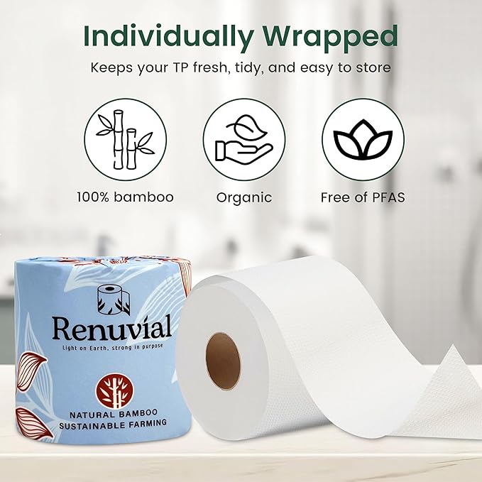 Bamboo Toilet Paper, Ultra-Soft & Strong, 3-Ply & 300 Sheets, Septic Safe, 12 Rolls, 100% Natural Bamboo, Non Toxic Toilet Paper, Sustainable, Biodegradable, Plastic-Free Packaging