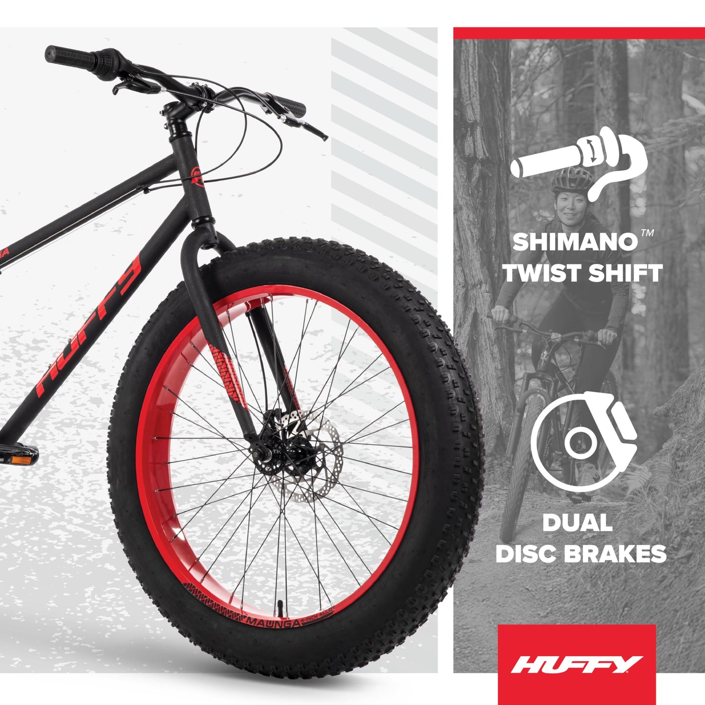 Huffy Maunga Mens Fat Tire Bike, 4-Inch Knobby Tires, Off-Road Mountain Bike, Dual Disc Brakes, Steel Frame, 7-Speed Shimano Twist Shifting