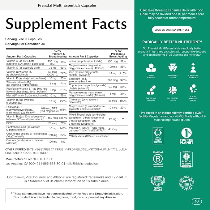 Needed. Multivitamin for Prenatal | Prenatal Multi Essentials Capsule - Pregnancy, Breastfeeding, Postpartum | Expertly-Formulated & Third-Party Tested, | 30-Day Supply