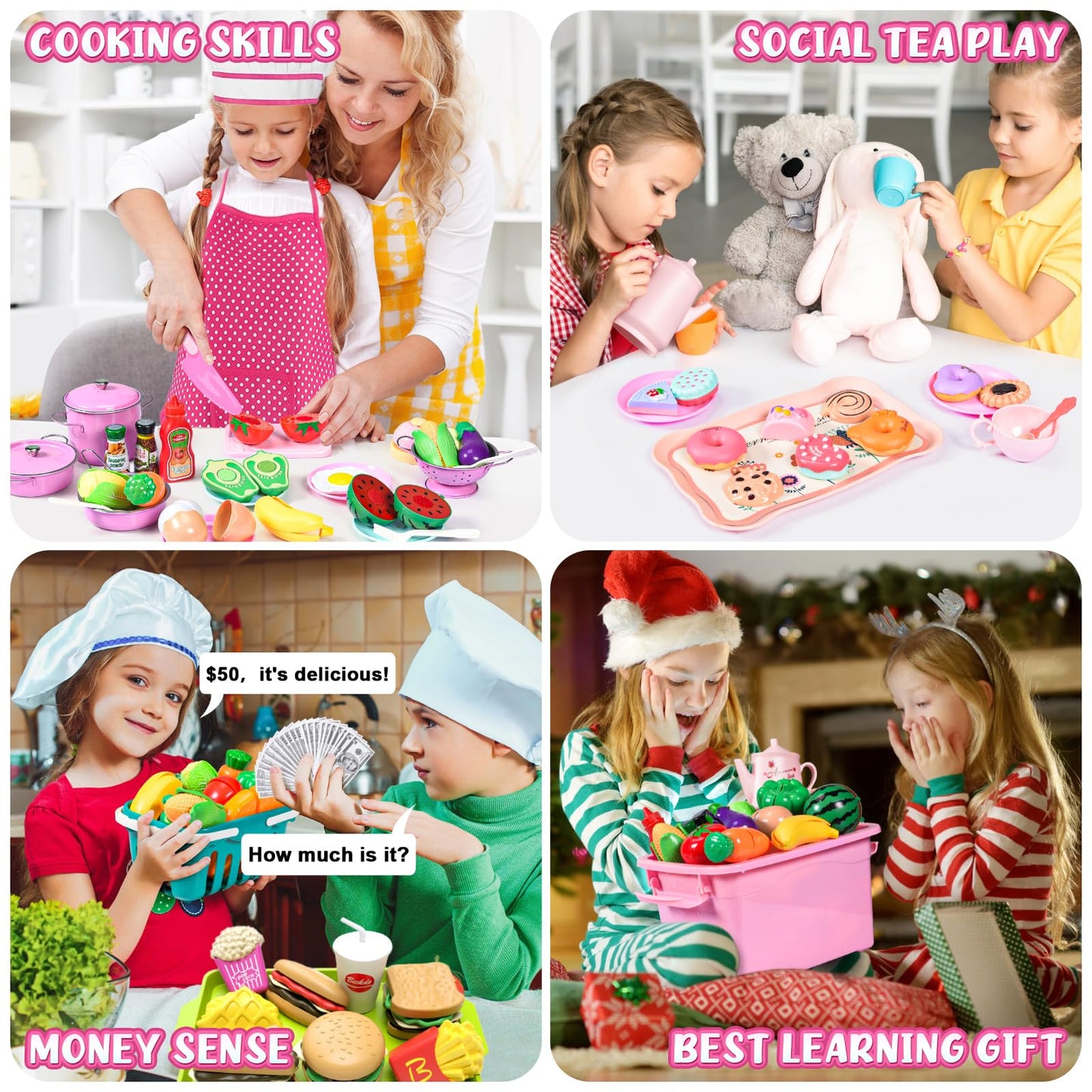 121Pcs Play Kitchen Accessories, Kids Kitchen Playset, Pretend Play Food Tea Party Set, Toy Kitchen Kids Cooking Real with Apron＆Chef Hat, Utensils Cookware Pots＆Pans, Toy Organizer, Toddler Toys Gift