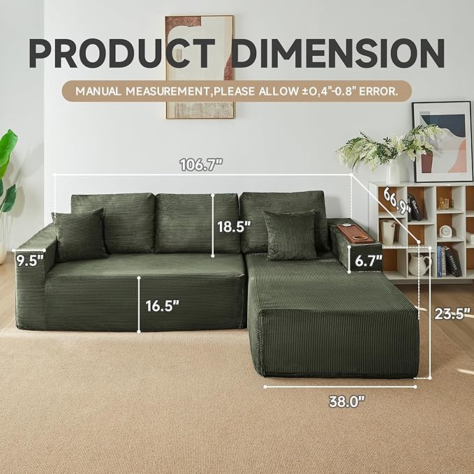 Modular Sectional Sofa Cloud Couch with Multi-Functional Armrests, Boneless Plush L-Shape Living Room Couch with Deep Seat, Fluffy Comfy Sleeper Sofa Easy Assembly (Green, Left Chaise)
