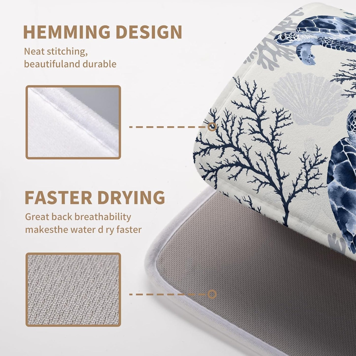 Nautical Coastal Dish Drying Mat Summer Beach Dish Pad for Kitchen Counter Ocean Coral Sea Turtle Absorbent Microfiber Dish Draining Reusable Washable Blue Dish Drainer Mat 16×18 Inch