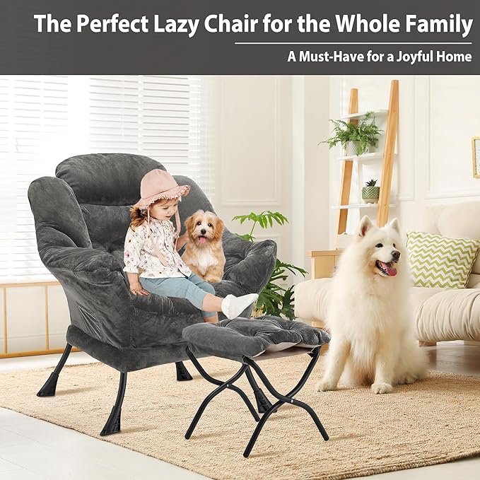 Youtanic Lazy Chair with Folding Ottoman, Accent Chair Plush Upholstered with Metal Structure and Non-Slip Pads, Sofa Armchair with Footrest and Side Storage Bag for Dorm, Room, Office, Dark Gray