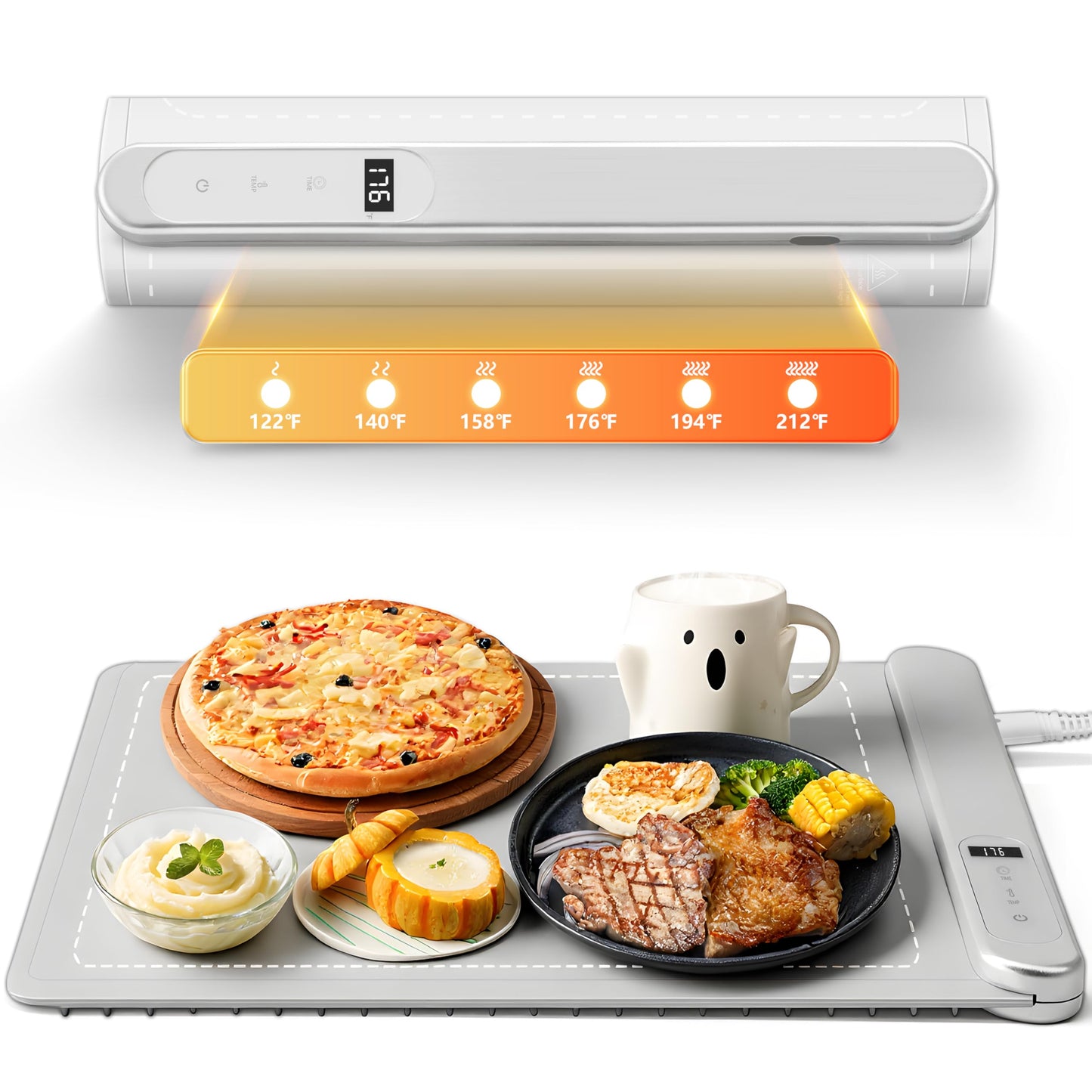 Graphene Warming Mat for Food, Electric Warming Tray with 6 Temp & 6H Timer, 300W Full Surface Heating, Waterproof Foldable Mat for Countertop, Parties, Buffets, Home Use (Light Gray)