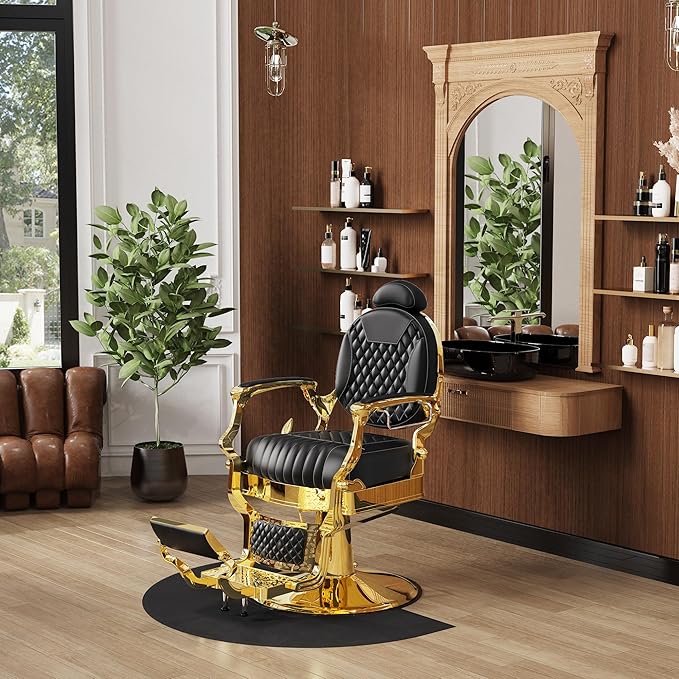 Baasha Black & Gold Heavy-Duty Barber Chair, Luxury Reclining Salon Chair with Adjustable Headrest & Comfort Seating, 550 lbs Capacity
