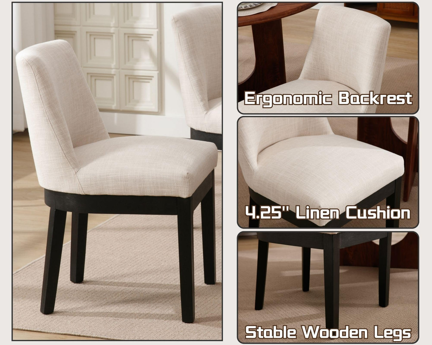 HNY Kitchen & Dining Room Chairs Set of 4, Modern Farmhouse Beige Linen Upholstered Dining Kitchen Chairs with Black Wood Legs, 18’’ Wide Armless Accent Side Chair for Dining Room Living Room