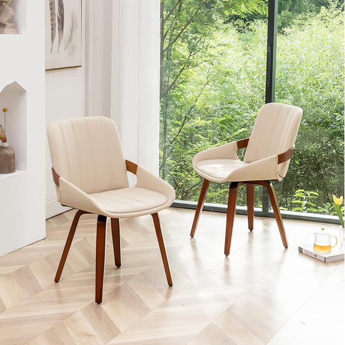 YOUUGIOR Mid Century Modern Beige Faux Leather Upholstered Dining Chairs Set of 2,Armless Accent Chairs with Sturdy Natural Wood Legs,Bamboo Backrest Support for Kitchen&Dining Room Chairs